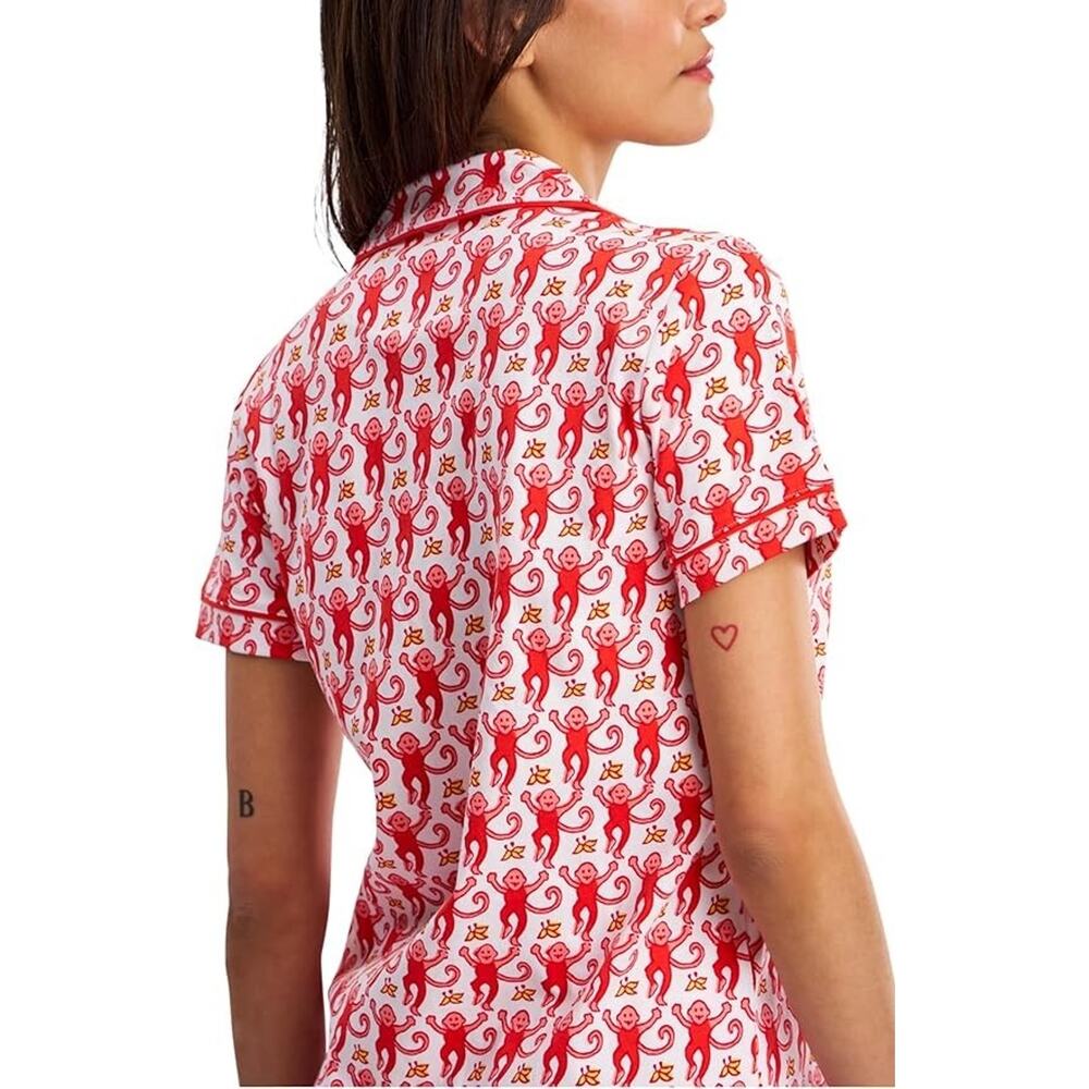 Women Y2k Pajamas Set Cute Preppy 2PCS Button Down Holiday Monkey Shorts Summer - Picture 4 of 5